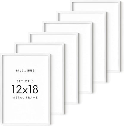 HAUS AND HUES 12x18 White Aluminum Frame Set of 6 - Vertical & Horizontal Hanging, Shatterproof Plexiglass (12x18 in, White)