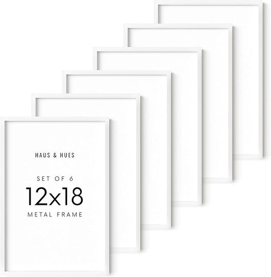 HAUS AND HUES 12x18 White Aluminum Frame Set of 6 - Vertical & Horizontal Hanging, Shatterproof Plexiglass (12x18 in, White)