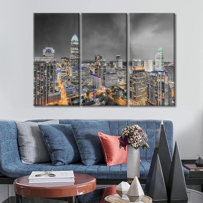 3 Panel Charlotte Nighttime Lightscape Wall Decor Skyscrapers City Skyline Wall Decor for Bedroom Giclee Wooden Framed Gallery-Wrapped Ready to Hang (36" Wx24 H)