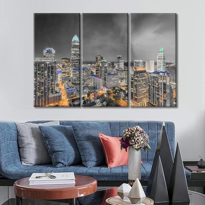 3 Panel Charlotte Nighttime Lightscape Wall Decor Skyscrapers City Skyline Wall Decor for Bedroom Giclee Wooden Framed Gallery-Wrapped Ready to Hang (36" Wx24 H)