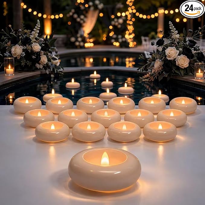 Aignis 24pcs Flameless Floating Candles Waterproof, 200Hr 3”LED Floating Tea Lights with Battery, Water-Activated Candles for Pool, Wedding Centerpieces, Bath & Spa, Home Decoration (Elegant White)