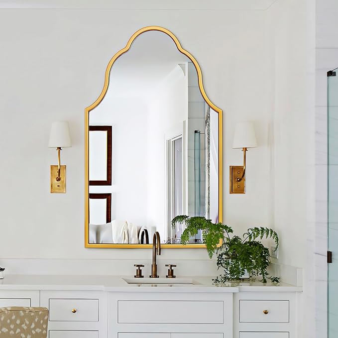 Chende Gold Scalloped Mirror, 40'' x 28'' Decorative Mirror with Wooden Frame, Elegant Arched Mirror for Living Room, Bathroom, Entryway