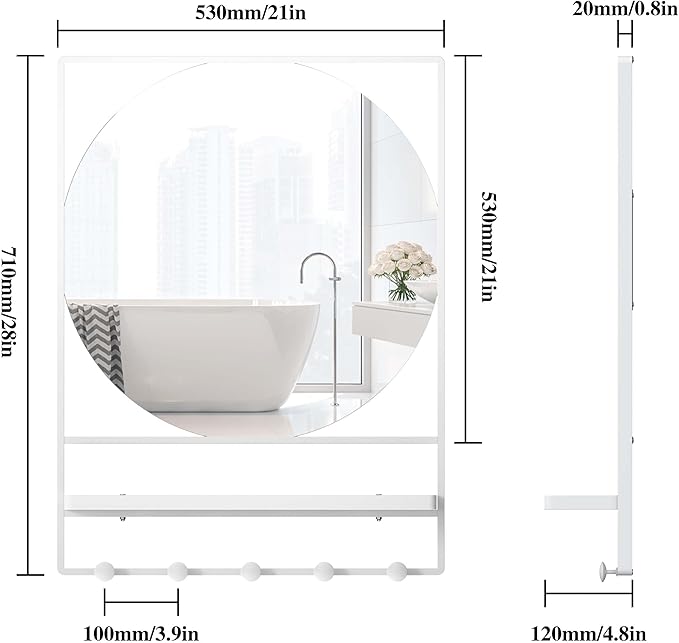 21" X 28" Wall Mirror with Shelf and Hooks,Entryway Mirror with Hooks, Metal Framed Bathroom Mirror with Shelf for Bathroom, Bedroom, Living Room (White, 21 x 28)