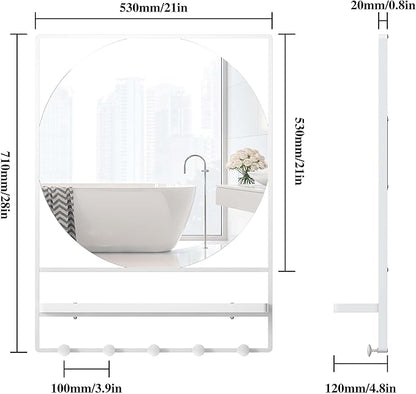 21" X 28" Wall Mirror with Shelf and Hooks,Entryway Mirror with Hooks, Metal Framed Bathroom Mirror with Shelf for Bathroom, Bedroom, Living Room (White, 21 x 28)