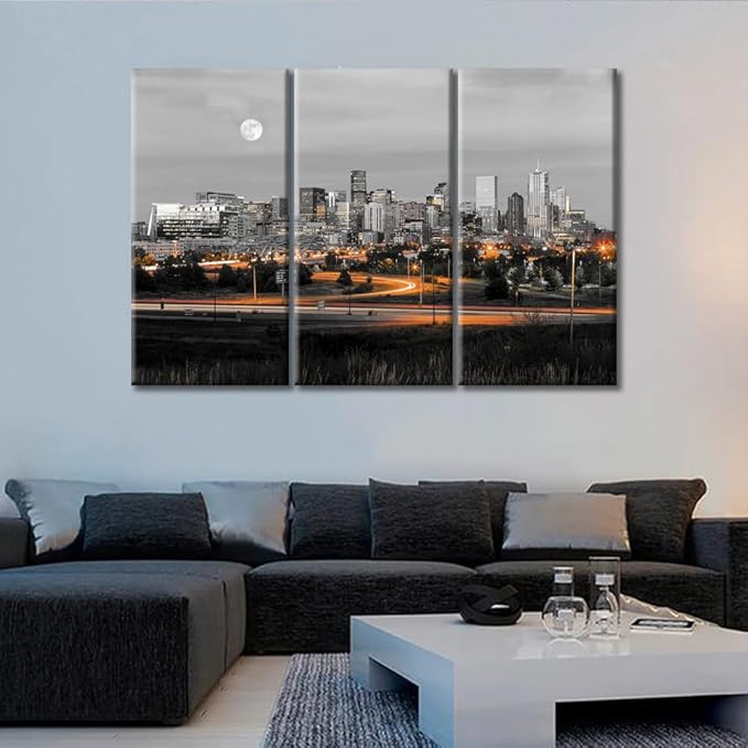 TUMOVO 3 Panel Denver Skyline Office Decor American Cityscape Pictures Black and White Wall Art Nighttime Skyscrapers Lightscape Artwork Posters and Prints Framed Ready to Hang (60" Wx40 H)