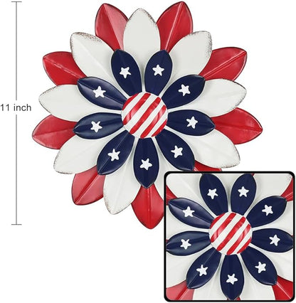 hogardeck 4th of July Decorations Outdoor, Red White Blue Metal Flower Wall Art for Fourth of July Decor, 3D Metal Floral Patriotic Decorations for Yard Garden Home Indoor