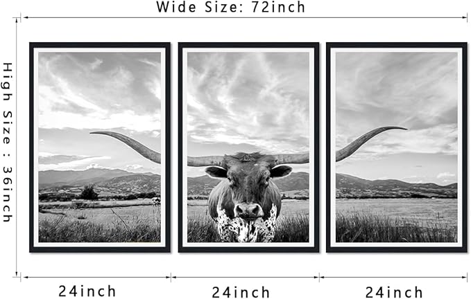 Western Cow Black Framed Canvas Wall Art Funny Highland Cow Rustic Art Poster Wall Decor Vintage Grey Animal Artwork for Country Apartment Living Room Bedroom Decor Easy to Hand 24x36inchx3pcs
