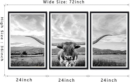 Western Cow Black Framed Canvas Wall Art Funny Highland Cow Rustic Art Poster Wall Decor Vintage Grey Animal Artwork for Country Apartment Living Room Bedroom Decor Easy to Hand 24x36inchx3pcs