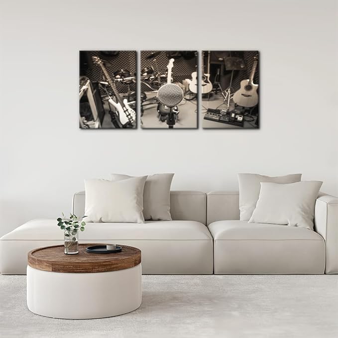 Pacimo 3 Panels Music Artistic Paintings Wall Art The Music of The Band Guitar and Shelf Drum Piano Pictures Print on Canvas for Modern Home Decoration for Living Room Framed Ready to Hang - 12"x16"x3