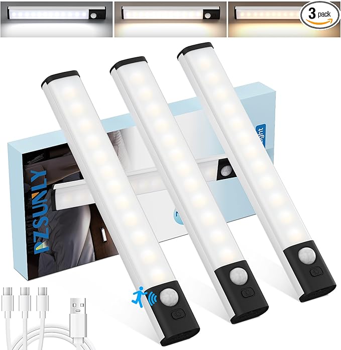 Under Cabinet Lighting,LED Closet Lights,Rechargeable Motion Sensor Light Indoor,3 Colors Dimmable,Magnetic Installation for Kitchen,Wardrobe,Bedroom,Drawer 3Pack