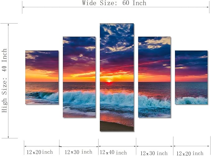 Ocean Wall Art 5 Panel Beach Poster Sunset Landscape Pictures HD Print on Canvas Framed Cityscape Artwork for Living Room Kitchen Bathroom Wall Decorations Stretched Ready to Hang - 60" W x 40" H