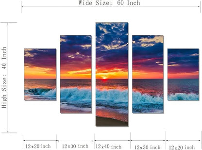 Ocean Wall Art 5 Panel Beach Poster Sunset Landscape Pictures HD Print on Canvas Framed Cityscape Artwork for Living Room Kitchen Bathroom Wall Decorations Stretched Ready to Hang - 60" W x 40" H
