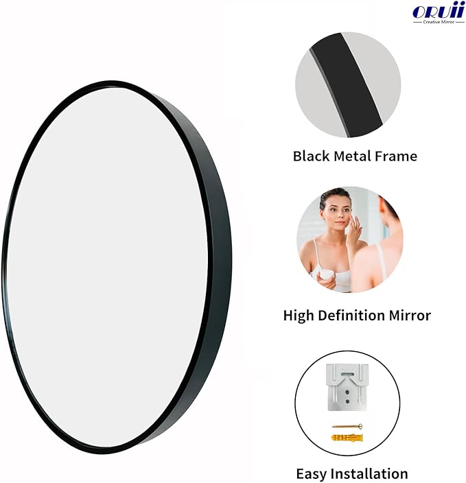 Oruii Round Mirror 30 inch, Large Black Circle Mirror Metal Frame, Large Black Circular Mirrors for Living Room, Dining Room, Entryway, Hallway, Foyer, Bathroom, Wall