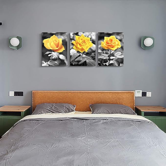 Canvas Wall Art For Bedroom Living Room Bathroom Wall Decor For Kitchen Wall Pictures Artwork Black And White Yellow Rose Flowers Paintings 12" X 16" 3 Pieces Framed Modern Office Home Decorations