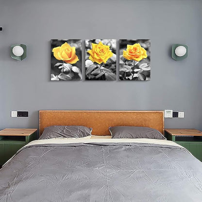 Canvas Wall Art For Bedroom Living Room Bathroom Wall Decor For Kitchen Wall Pictures Artwork Black And White Yellow Rose Flowers Paintings 12" X 16" 3 Pieces Framed Modern Office Home Decorations