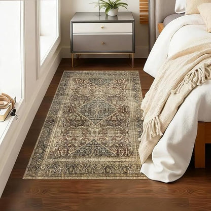 Brown 3x5 Rug Non-Slip: Washable Area Rug for Bedroom Entryway Kitchen Bathroom Indoor - Vintage Home Decor Mat Carpet - Oriental Dark Brown