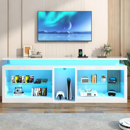 80" LED TV Stand with Power Outlet,60-Colors LED Lights For 80 85 90in TV,High Gloss Gaming Entertainment Center w/Adjustable Shelves,White TV Console with Modern Design for Living Room Bedroom