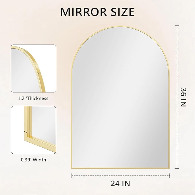 Arched Bathroom Mirror for Wall, 36" x 24" Gold Metal Frame Vanity Mirror, HD Glass Over Sink for Bathroom, Entryway, Bedroom