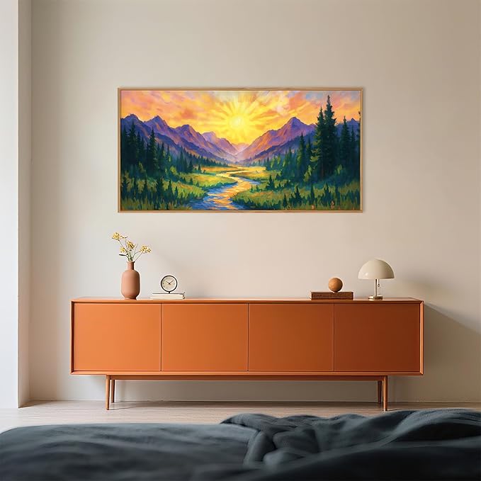 HPNIUB Boho Sunrise Mountain Framed Wall Art Set,Colorful Nature Wilderness Wall Decor,Abstract Landscape Art Print,Sunset Pine Tree Artwork for Living Room, Bedroom,Dining Room,Office-20''x40''