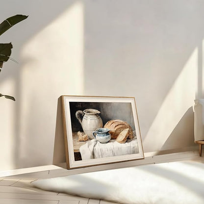 ASTRDECOR Framed Kitchen Wall Art, Modern Muted Still Life Painting Farmhouse Wall Decor, Sourdough Bread Canvas Wall Art Prints, Rustic Jars White Tablecloth Country Wall Decor Living Room-12''x16''