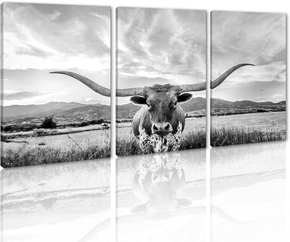 3 Panels Cow Canvas Wall Art Highland Cow Pictures Wall Decor Artwork Texas Longhorn Painting Modern Gray Posters Prints for Living Room Home Office Decor, Framed 24" Wx36 Hx3pcs