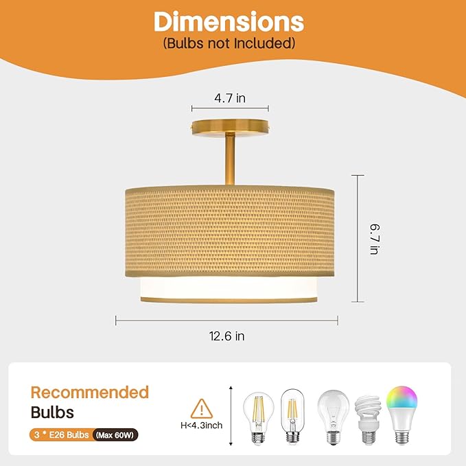 Vexagyle Boho Light Fixtures Woven Rattan-Style Flush Mount Ceiling Light, 12.6inch Closed to Ceiling Light Fixture with 2-Tier Drum Design for Bedrooms, Kitchen, Dining Room, Hallway