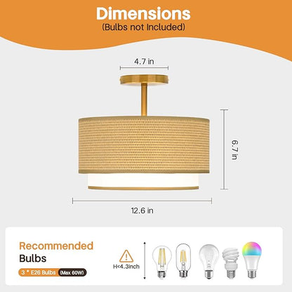 Vexagyle Boho Light Fixtures Woven Rattan-Style Flush Mount Ceiling Light, 12.6inch Closed to Ceiling Light Fixture with 2-Tier Drum Design for Bedrooms, Kitchen, Dining Room, Hallway
