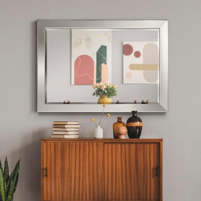 Renditions Gallery Rectangular Silver Wood Framed Body Mirror Verticle Or Horizontal Farmhouse Wall Mounted Vanity Mirror for Living Room Bedroom Home Decor - 41"x29" LT07