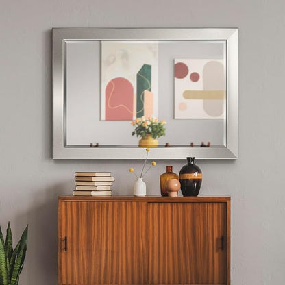 Renditions Gallery Rectangular Silver Wood Framed Body Mirror Verticle Or Horizontal Farmhouse Wall Mounted Vanity Mirror for Living Room Bedroom Home Decor - 41"x29" LT07