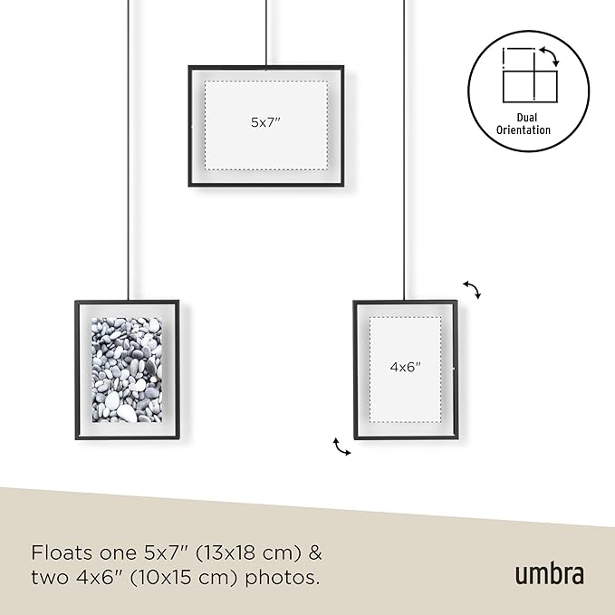Umbra Exhibit Picture Frame Gallery Set, Adjustable Collage Display for 3 Photos, Prints, Artwork and More, Holds two 4x6" and one 5x7" Photos, Black
