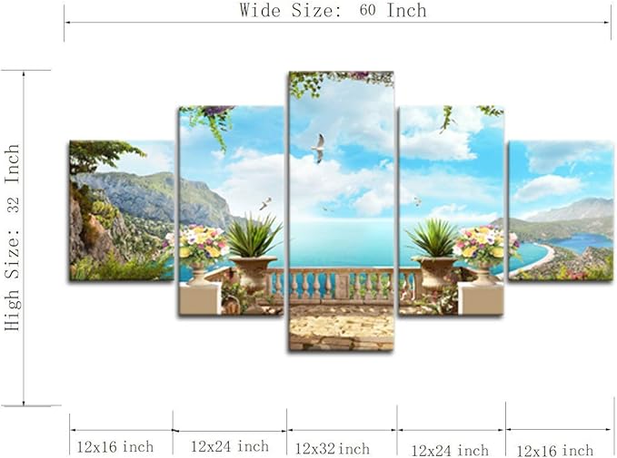 Yatsen Bridge Coastal Wall Art for Living Room 5 Piece Ocean Garden Decor Seascape Canvas Print Home Decoration Framed Ready to Hang(60''W x 32''H)