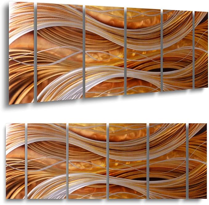 Yihui Arts 6-Piece Handcrafted Aluminum Abstract Wall Art, Modern Metallic Gold Silver Wavy Lines Panel Painting, Large Contemporary Home Decor for Living Room Office Hotel