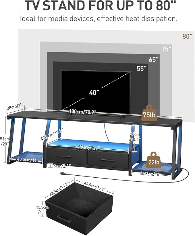 RALGEND LED TV Stand for 80 Inch TV, Entertainment Center with Open Shelves and Power Outlets, TV Console Table with Fabric Drawers, Media Console for Living Room, Bedroom, Black