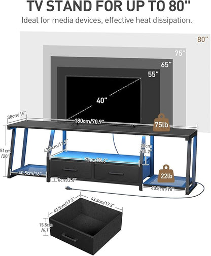 RALGEND LED TV Stand for 80 Inch TV, Entertainment Center with Open Shelves and Power Outlets, TV Console Table with Fabric Drawers, Media Console for Living Room, Bedroom, Black
