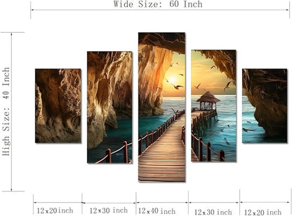 Yatsen Bridge 5 Panels Sea Rocks Wall Art Ocean and Seagulls Pictures Seascape Paintings on Canvas Artwork for Living Room Bedroom Home Decor Wooden Framed Ready to Hang - 60''W x 40''H