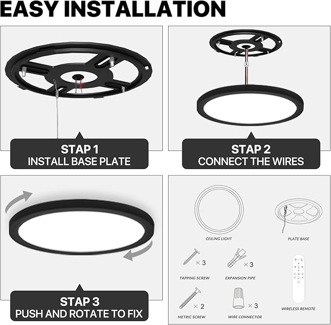 2Pack Dimmable LED Flush Mount Ceiling Light Fixture with Remote Control, 24W 2640LM, 12Inch, 2000K Warm Night Light & 3000K-6500K, Modern Super Slim Ceiling Lamp for Bedroom Kitchen, Black