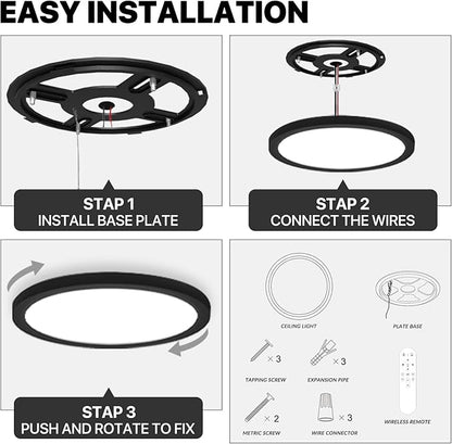 2Pack Dimmable LED Flush Mount Ceiling Light Fixture with Remote Control, 24W 2640LM, 12Inch, 2000K Warm Night Light & 3000K-6500K, Modern Super Slim Ceiling Lamp for Bedroom Kitchen, Black