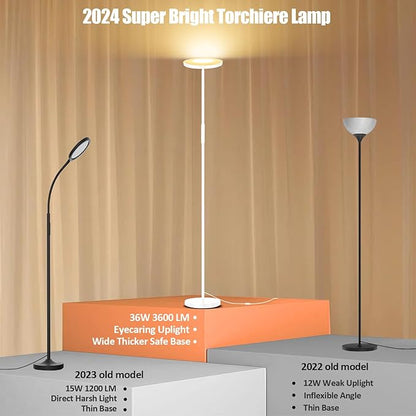 mukuxin Floor Lamp, Upgraded 40W 4000LM Super Bright Torchiere LED Floor Lamps for Living Room, Stepless Dimmable Color Temperature 2700K-6500K with Remote & Touch Control, Standing Light (40W White)