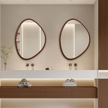 Irregular Wall Mirror, 31.5"x23.5" Wood Farmhouse Asymmetrical Mirror, Wall Mounted Bathroom Mirrors for Bedroom, Entryway, Living Room, Bathroom, Walnut