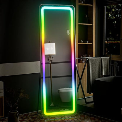 Koonmi Full Length Mirror with LED Lights, 60"x16" Lighted Mirror with Remote Control, RGB Color Changing Lights, 7 Dynamic Modes, Dimmable Brightness
