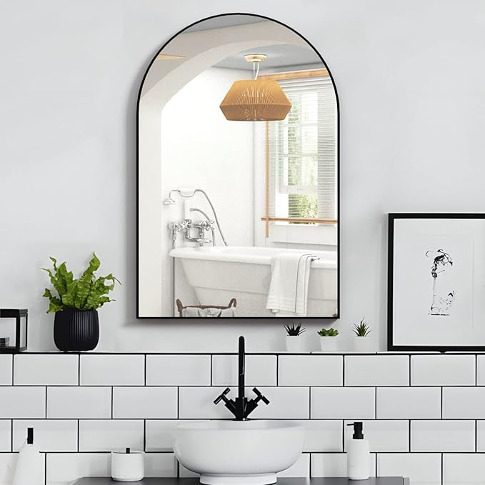 Arched Wall Mirror for Bathroom, 20"x30" Arched Mirror Wall Mounted Mirror with Metal Frame, Black Vanity Mirror Decor for Mantle, Bedroom, Entryway, Living Room