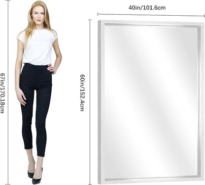 60"x40" Brushed Silver Bathroom Mirror, Large Rectangular Mirror for Wall, 0.6" Thickened Deep Frame Mirrors for Bathroom Sink, Shatterproof Tempered Glass, Antirust, Horizontally or Vertically