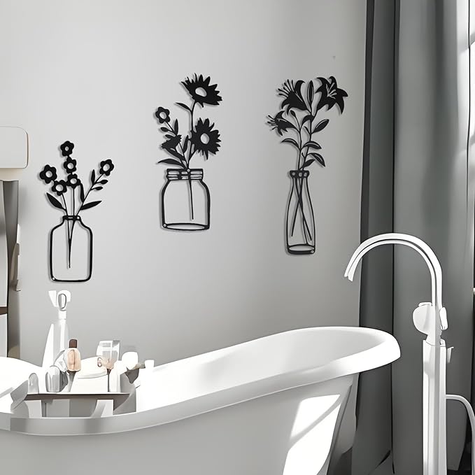 QZGXDECO Black Metal Flower Wall Decor,Metal Vase Wall Art,Minimalist Floral Wall Sculptures,Hanging Decor for Kitchen Dining Room Living Room Bathroom Bedroom(11.5'' X 3PCS)