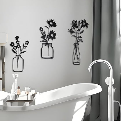 QZGXDECO Black Metal Flower Wall Decor,Metal Vase Wall Art,Minimalist Floral Wall Sculptures,Hanging Decor for Kitchen Dining Room Living Room Bathroom Bedroom(11.5'' X 3PCS)