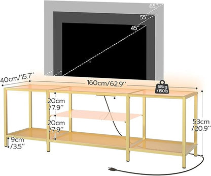 HOOBRO TV Stand with LED Lights and Power Outlets for TVs up to 75", Modern 63 Inch Tempered Glass TV Console Table with Open Shelves, Media Entertainment Center for Living Room, Gold GD165UDS01