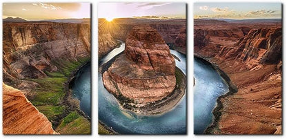 Pacimo 3 Piece Canvas Wall Art - Sunset Moment at Horseshoe Bend Colorado River Grand Canyon National Park Arizona Landscape Modern Home Art Decor Stretched and Framed Ready to Hang - 16"x24"x3 Panel