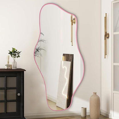Large Irregular Mirror, 63"x30" Asymmetrical Tempered Glass Mirror Full Length, Pink Organic Frameless Wall Mirrors for Living Room Bedroom Hallway Entryway, Horizontal or Vertical Hanging