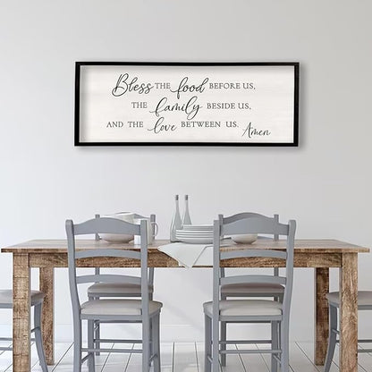 Bless the Food Before Us Wall Decor Sign 40" X 15" Dining Room Wall Decor Framed Wood for Large Farmhouse Vintage Prayer Catholic Kitchen Wall Hanging Scripture Bible Verse Art (Black)