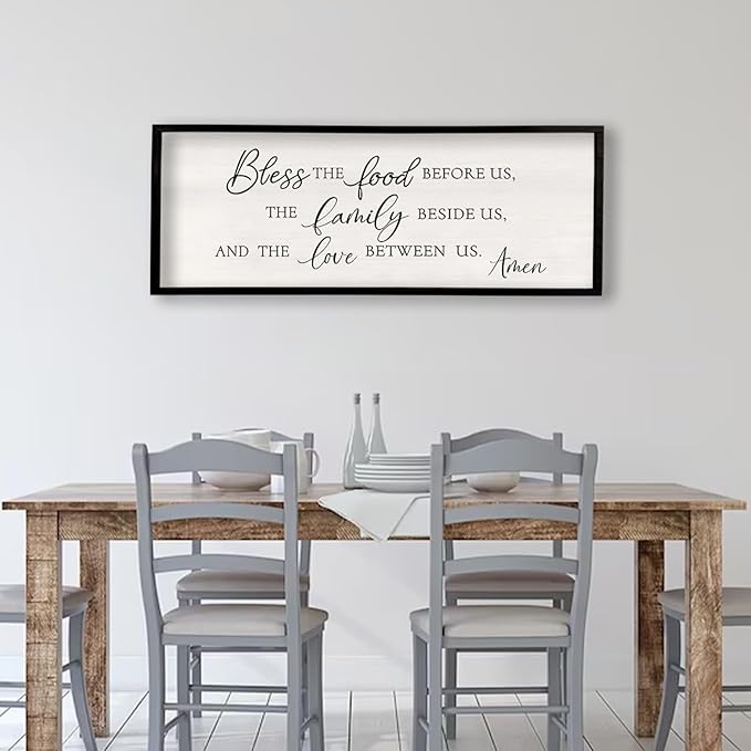 Bless the Food Before Us Wall Decor Sign 32" X 12" Dining Room Wall Decor Framed Wood for Large Farmhouse Vintage Prayer Catholic Kitchen Wall Hanging Scripture Bible Verse Art (Black)
