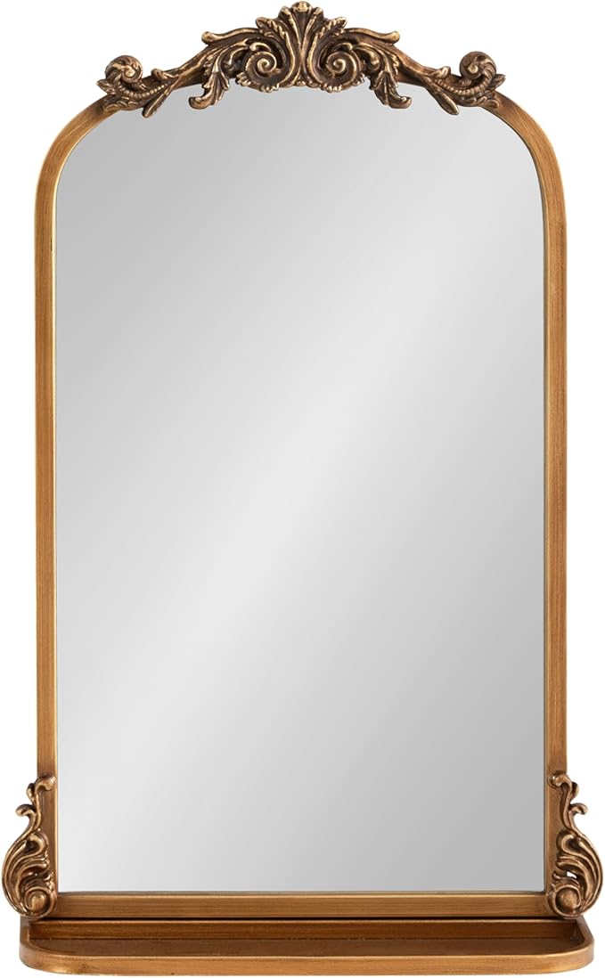 Kate and Laurel Arendahl Traditional Vintage Arch Mirror with Shelf, 16 x 25, Gold, Baroque Antique Arched Wall Mirror with Functional Shelf and Ornate Frame